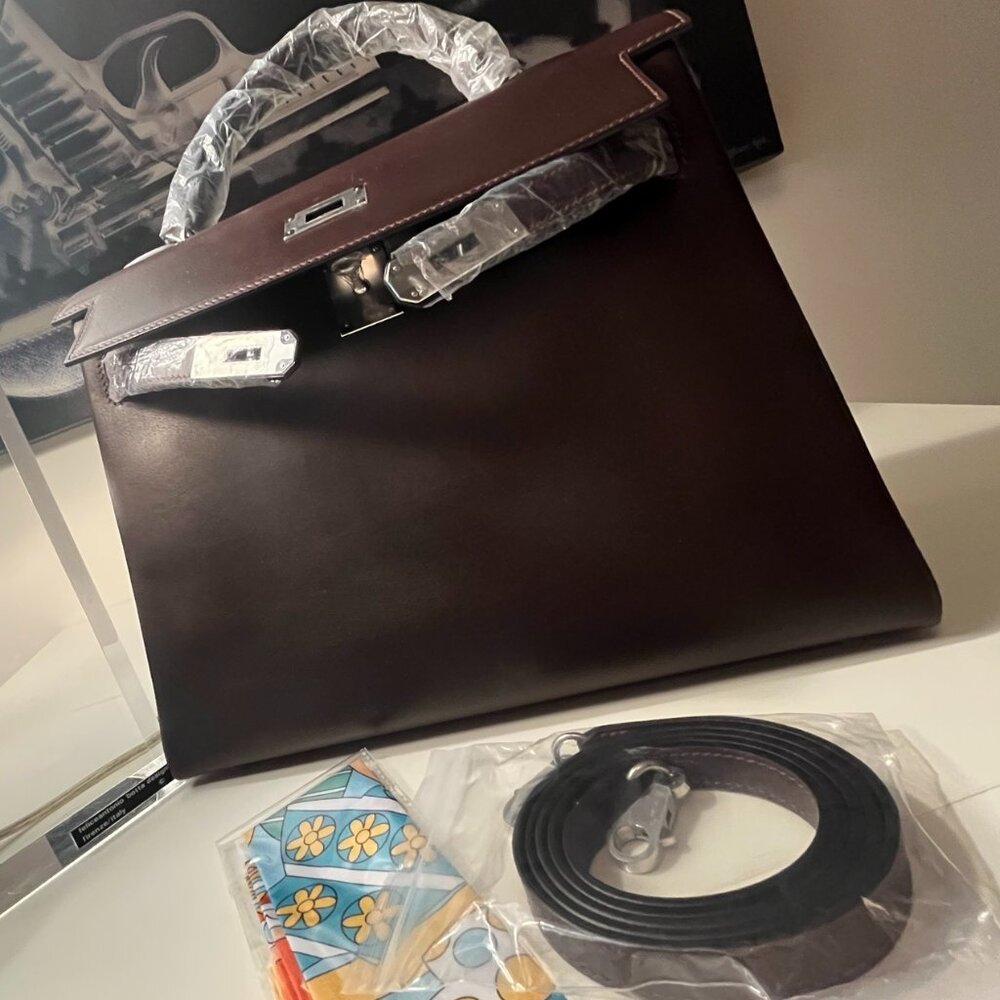 Wirkin Designer Inspired Kelly Chocolate Brown Swift Smooth Leather 32 CM Bag - Picture 11 of 12